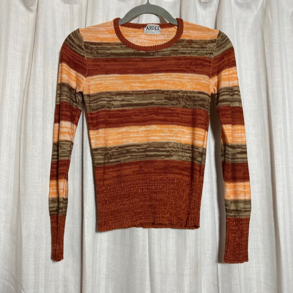 Vintage Ardee Women Orange Brown Striped Knit Sweater Long Sleeve Crew Neck 70s